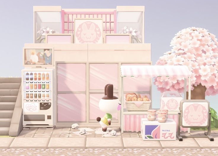 🍡🌱🥞 Acnh Pink Japanese, Acnh Sanrio Cafe, Cute Animal Crossing Island Ideas Pink, Pink Citycore Acnh, Cute Paths Acnh, Raymond House Acnh, Acnh Pink Citycore, Acnh Boba Shop, Animal Crossing Cute Island