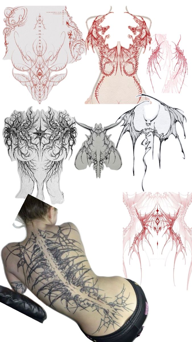 several different images of tattoos on the back of a woman's body and neck