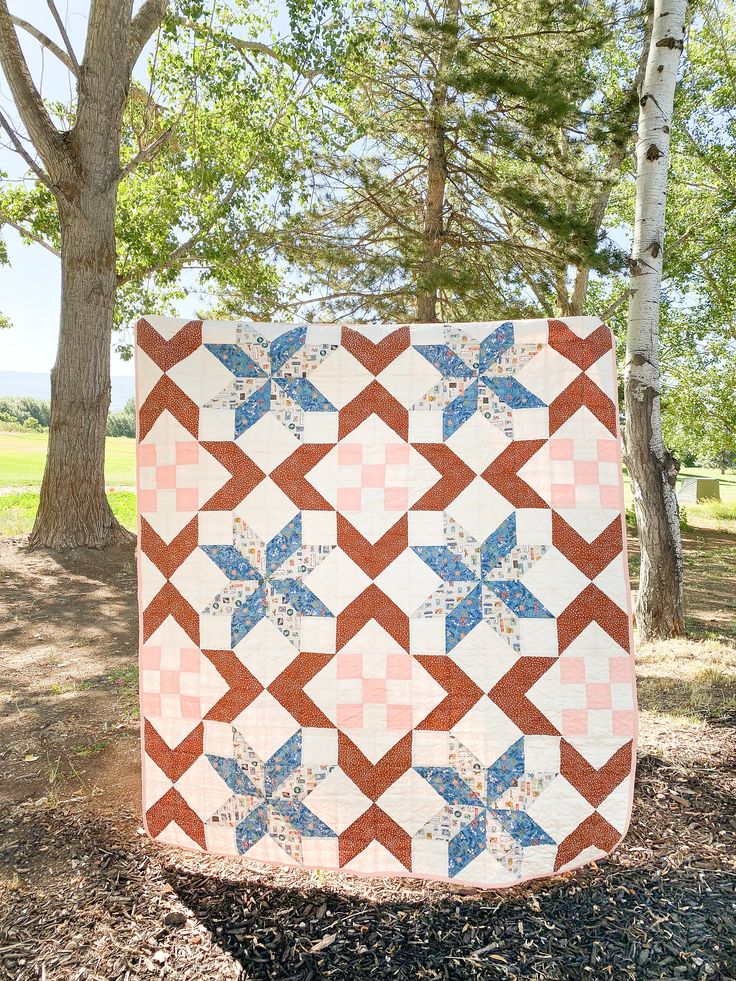 a quilt is hanging from a tree in the park with grass and trees behind it