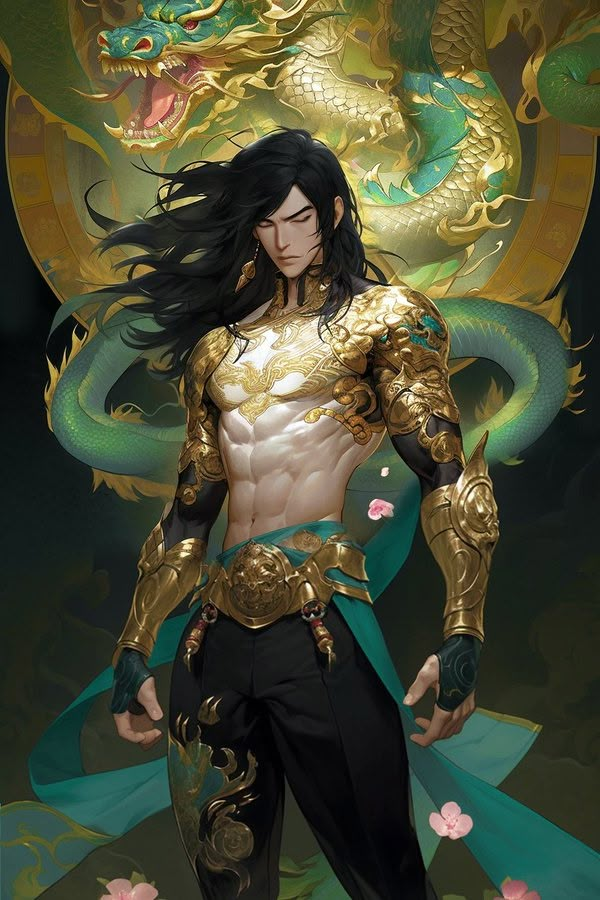 a man with long black hair standing in front of a green and gold dragon statue