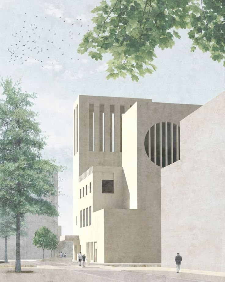 an architectural drawing of a building on a street corner with trees in the foreground