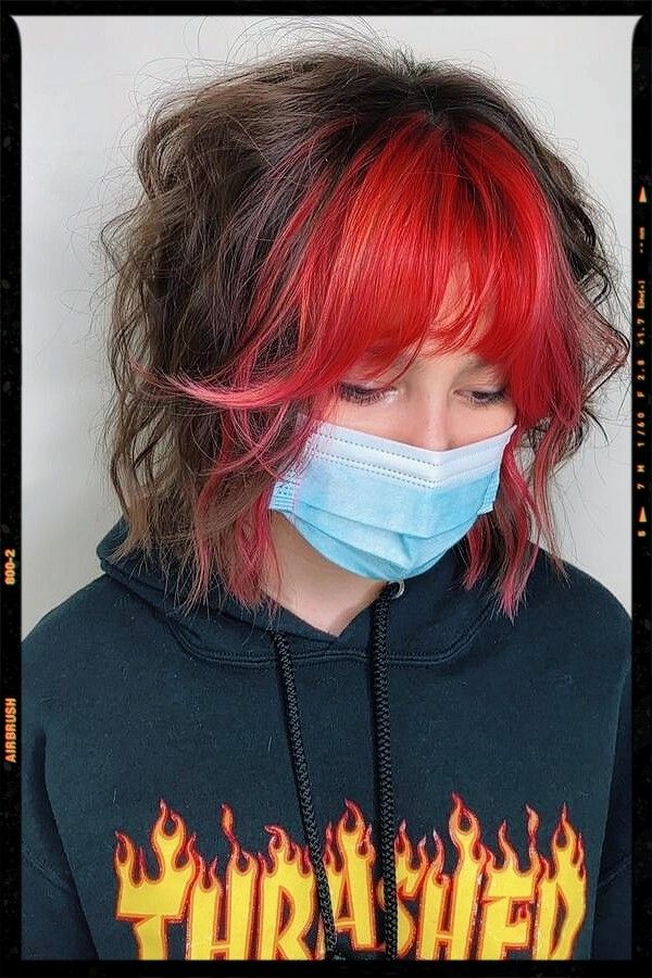 Red Shaggy Bangs - Red bangs - Haircut Idea Red Bangs With Brown Hair, Colored Fringe Bangs, Bright Red Streaks In Brown Hair, Red Fringe Hair, Pink Bangs Red Hair, Red And Black Peekaboo Hair, Red And Brown Hair Short, Red Hair Black Bangs, Colorful Bangs Hair