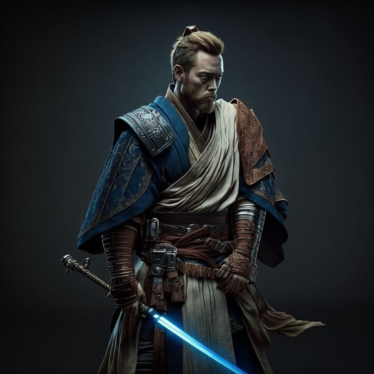 a star wars character holding a blue light saber