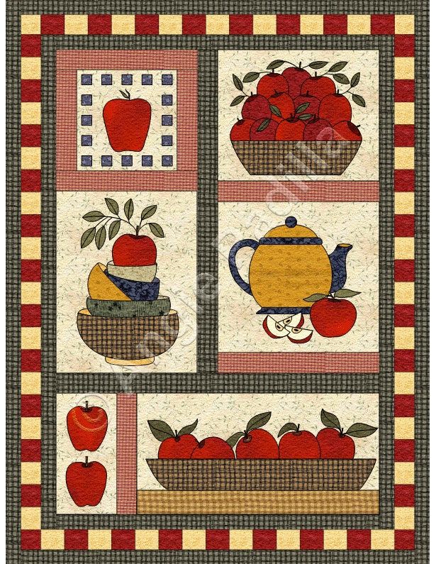 a quilted wall hanging with apples and teapots on the front, an apple pot