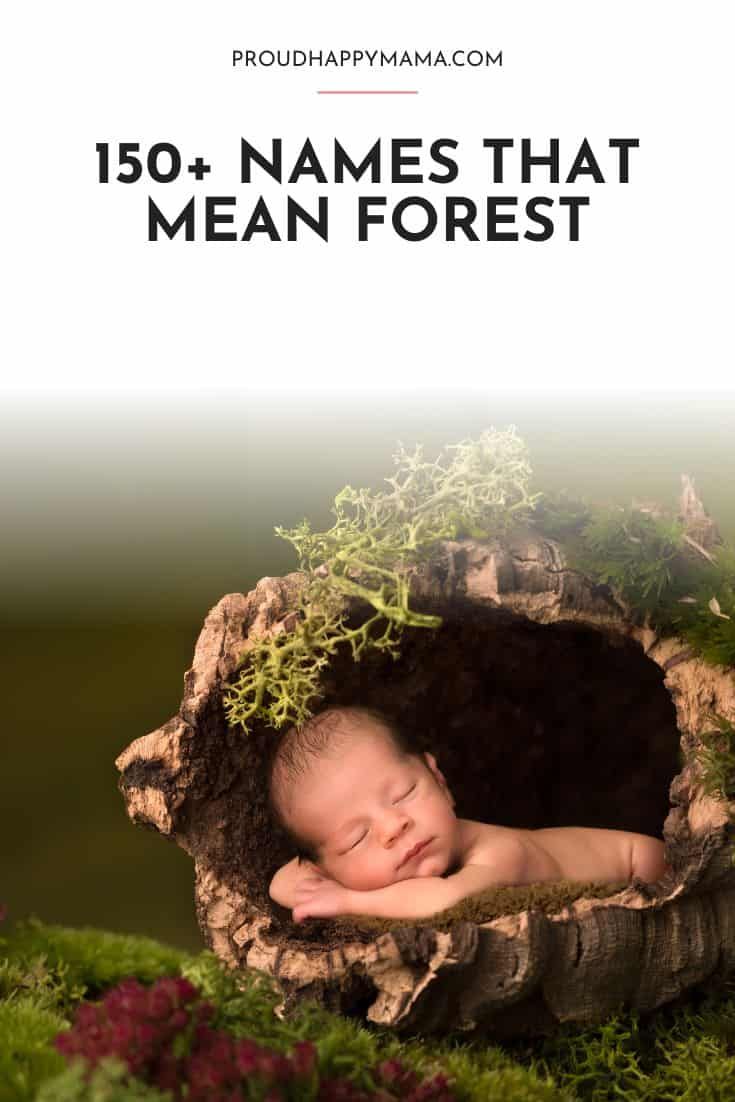 a baby sleeping in a tree stump with moss growing on it's head and the words, 150 names that mean forest