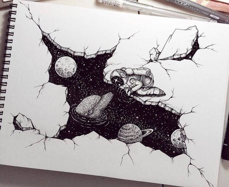 a drawing of a hole in the ground with space and planets on it