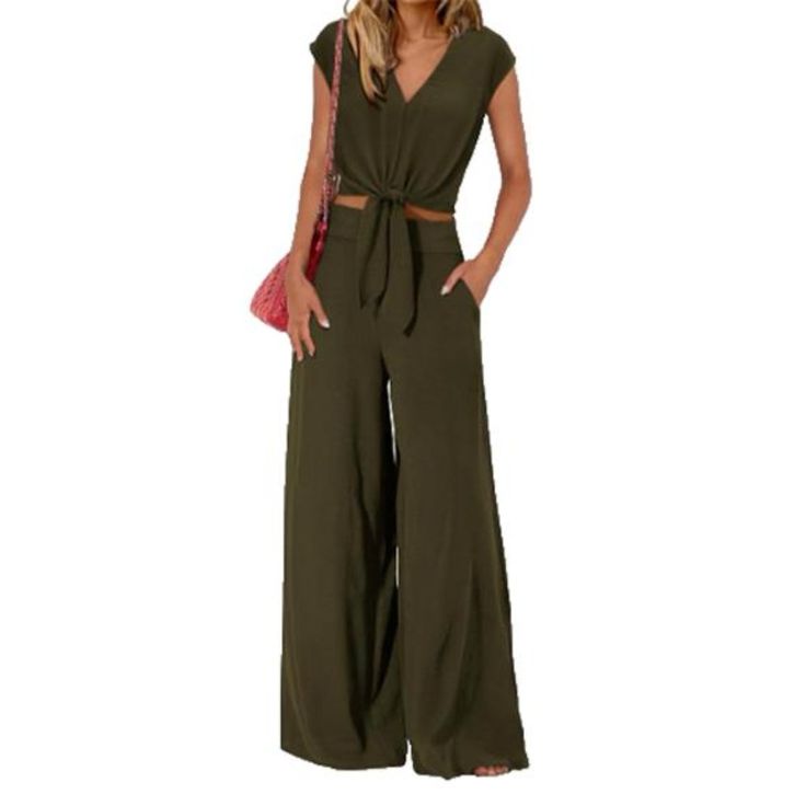 New Army Green 2 Piece Outfit V Neck Crop Top Wide Leg Pant The 2 Piece Leisure Sets Made Of Lightweight And Cozy Polyester Fabric Allows For Easy Movement And Breathability, Great Wrinkled Texture And Exceptional Drape Provide The Comfortable Touch 2 Piece Sets Consist Of A Cropped Top And Wide Leg Pants. V Neck Design, Cap Sleeves Drape Gracefully Across The Shoulders. Tie Waist And Back Elastic Band Blouses Flattering For Any Figures. Long Pants With Loose Cut And Elastic Waist. Women's L Summer Trending Outfits, Outfit Ideas Fall Casual, Outfit Ideas Winter Casual, Summer Outfit Ideas Aesthetic, Outfit Ideas Summer Casual, Outfit Ideas Casual Summer, Summer 2 Piece Outfits, Stylish Business Casual, Outfit Ideas 2022