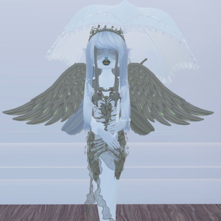 an animated image of a woman with wings on her head and body, standing in front of a wall