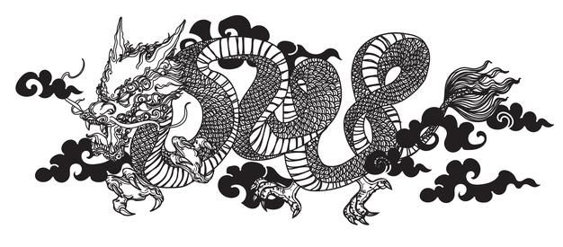 the word dragon written in black and white ink with an image of a dragon on it