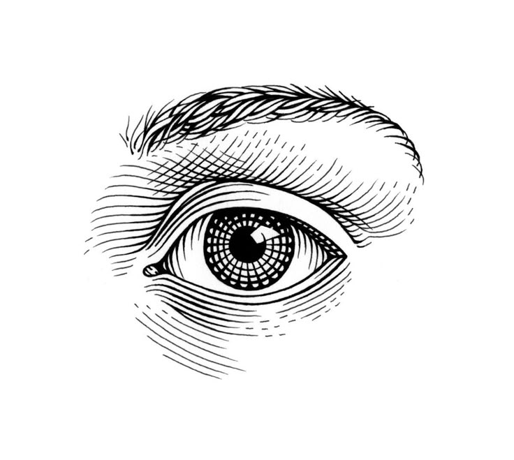 an eye that is drawn in black and white, with the iris looking straight ahead