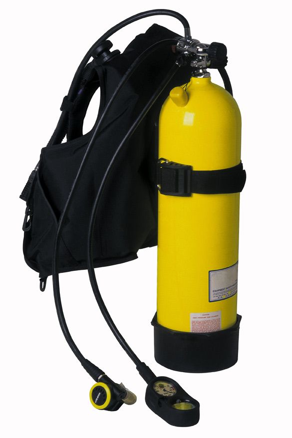 a large yellow fire extinguisher next to a black bag