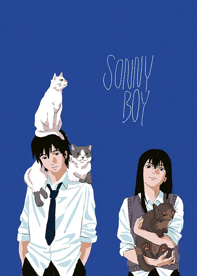 two people with cats on their shoulders and the words sorry boy above them are written in blue