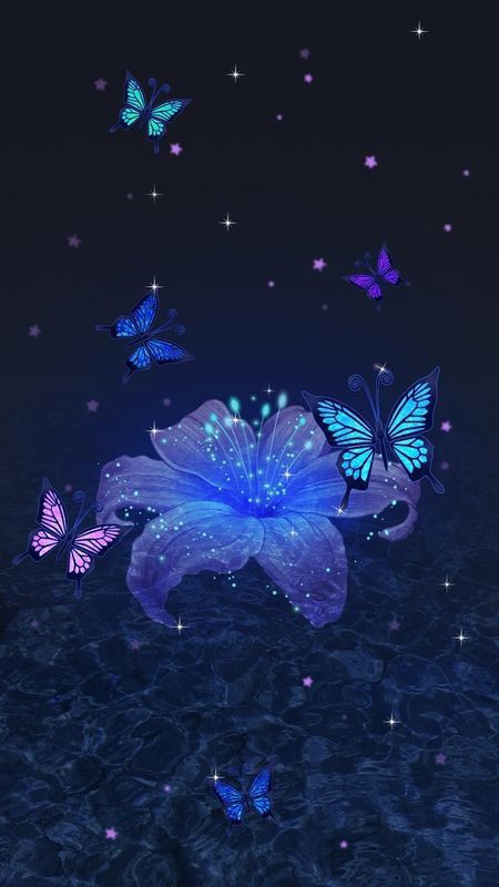 blue flowers and butterflies floating in the water at night with stars on the sky above