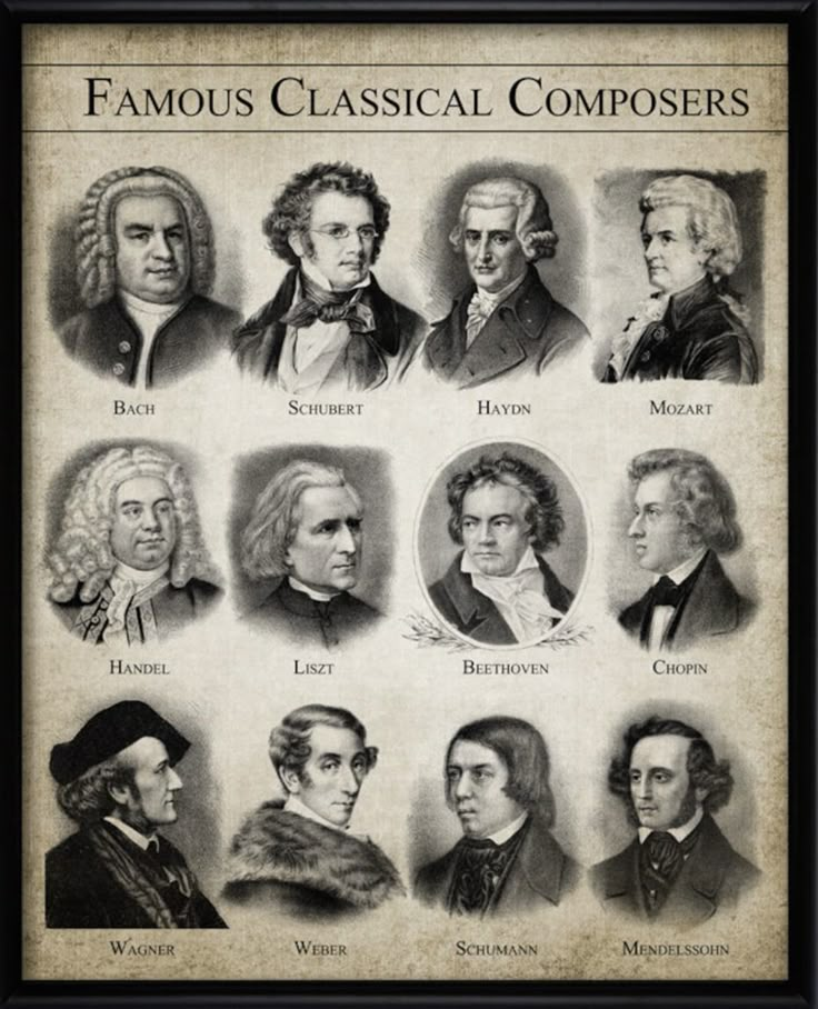 the famous classical compoiers are shown in this framed print from an old book