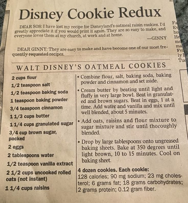 a newspaper article with instructions on how to make cookies for disney's cookie redux