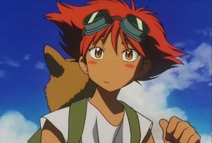 an anime character with red hair and goggles holding a cat in front of the sky