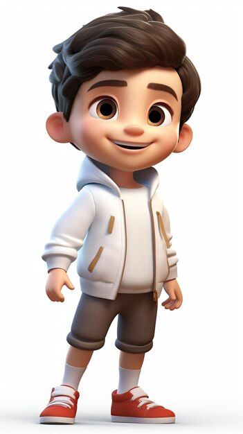 a cartoon boy in a white jacket and red shoes standing with his hands on his hips