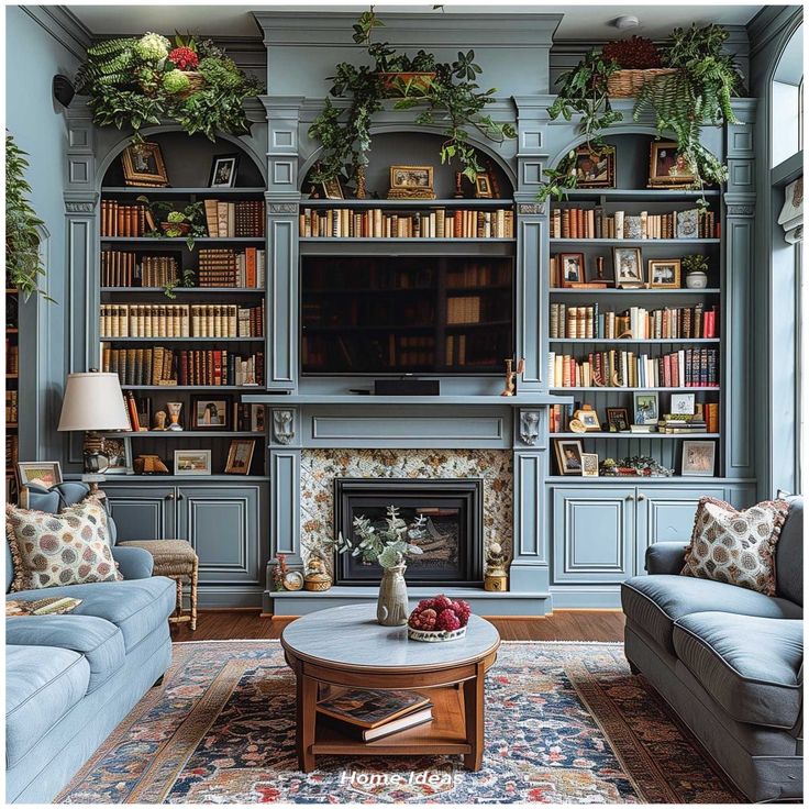 a living room filled with blue couches and bookshelves next to a fire place