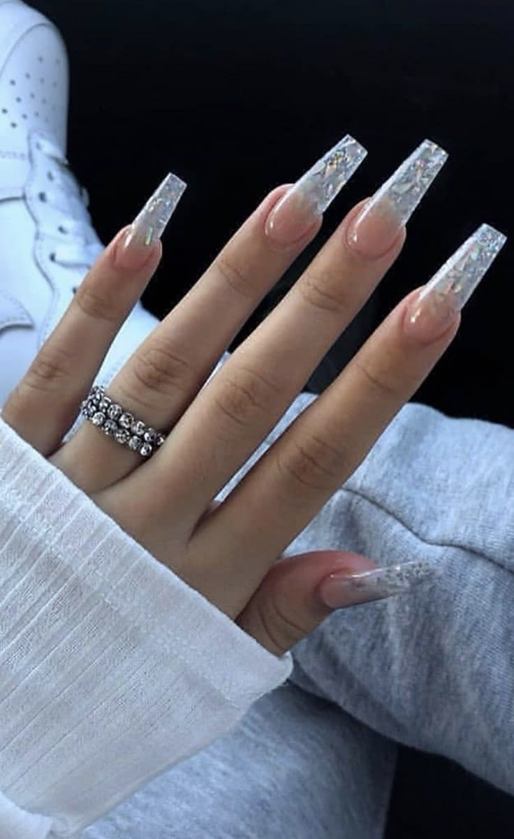 Ice Nails Acrylic Clear, Cute Clear Nails, Icy Nails, Sparkly Acrylic Nails, White Tip Nails, Natural Acrylic Nails, Winter Nails Acrylic, Transparent Nails, Casual Nails