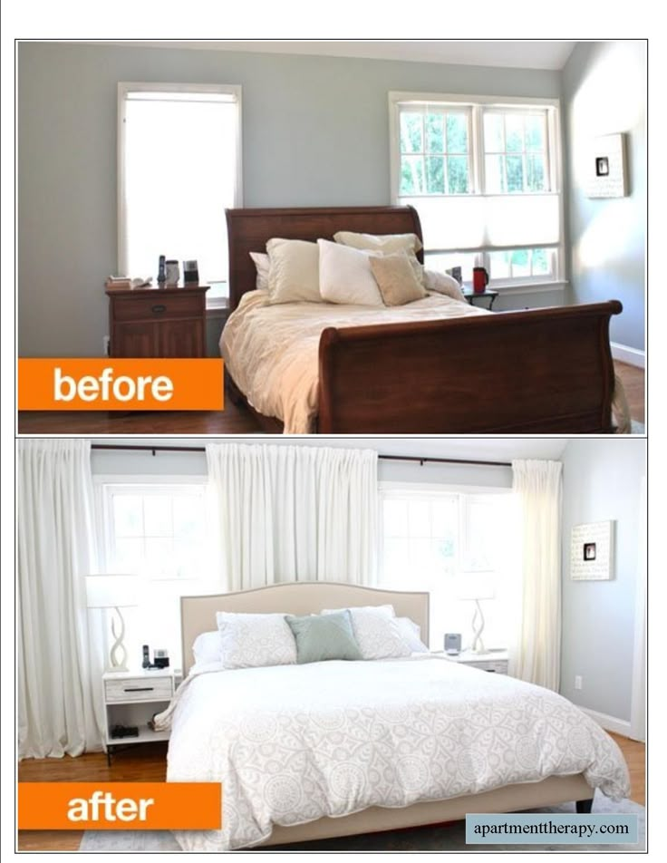 before and after pictures of a bedroom makeover with white bedding, curtains, and windows