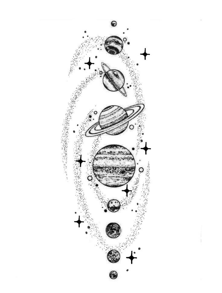 the planets and stars tattoo design is shown in black ink on white paper, as well as