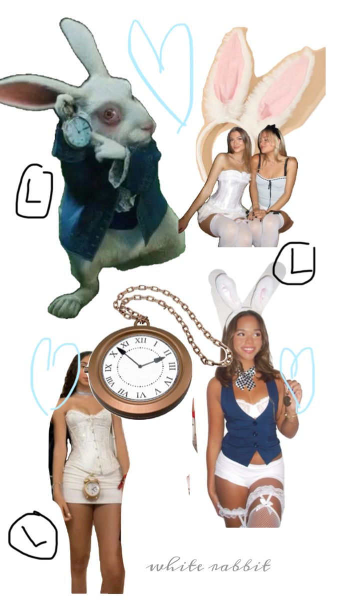 the bunny is wearing all white and posing for pictures with her clock, rabbit costume, and other items