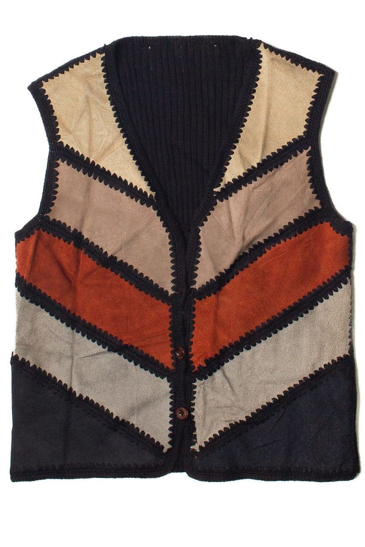 Size: Medium Color: Black Material: Unknown Length: 20" Chest Width: 17" Vintage Condition Notes: - Top two buttons missing. - No info tag; size estimated based on width measurement.  Brand: Unknown Crochet Patchwork Vest, Patchwork Vest, Vintage Vest, Clothing Items, Favorite Outfit, Vintage Outfits, Bathing Beauties, Size Medium, Electronic Accessories