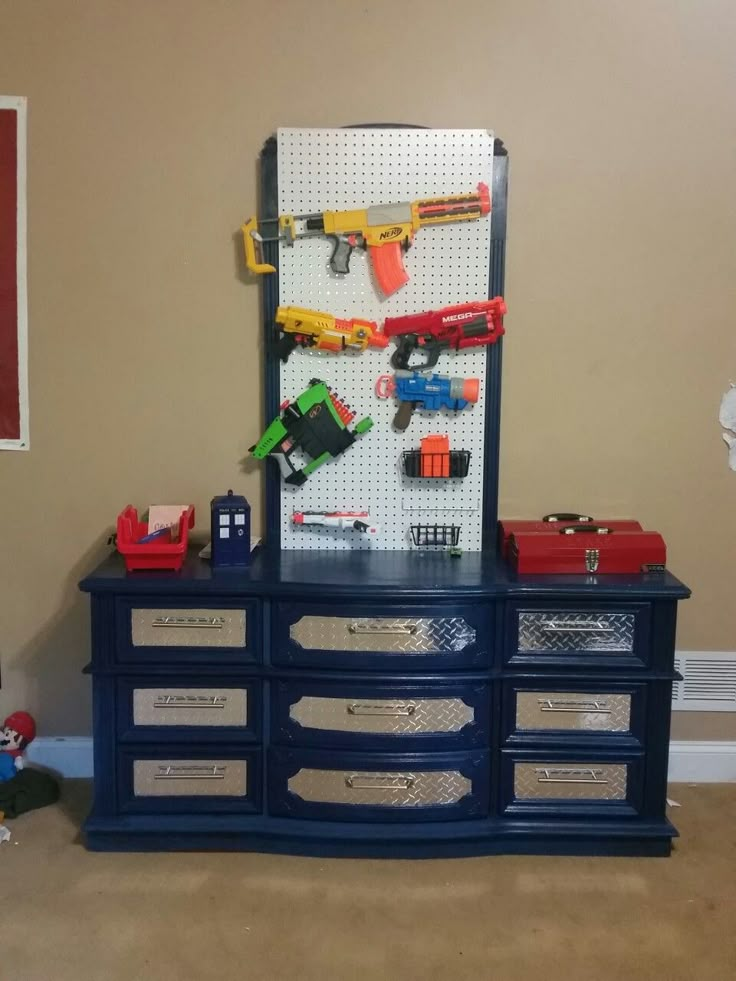 Tool chest dresser makeover Big Dresser Makeover, Tool Box Toy Storage, Tool Chest Dresser, Boys Dresser Makeover, Boys Dresser Ideas, Diy Dresser Makeover Kids, Dresser Makeover Kids, Boys Dressers, Above Dresser Decor