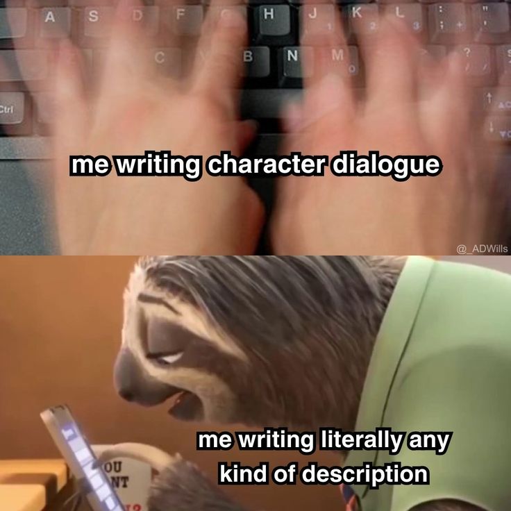 someone is writing character dialogge me writing literally any kind of description