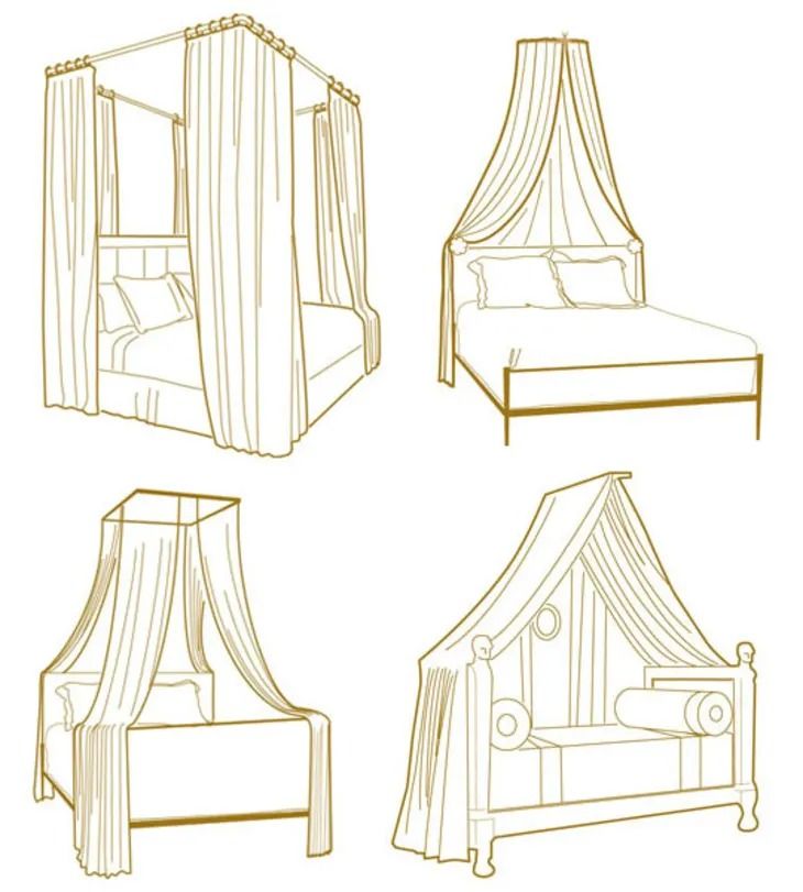 four different types of canopy beds with curtains on top and bottom, one in the middle