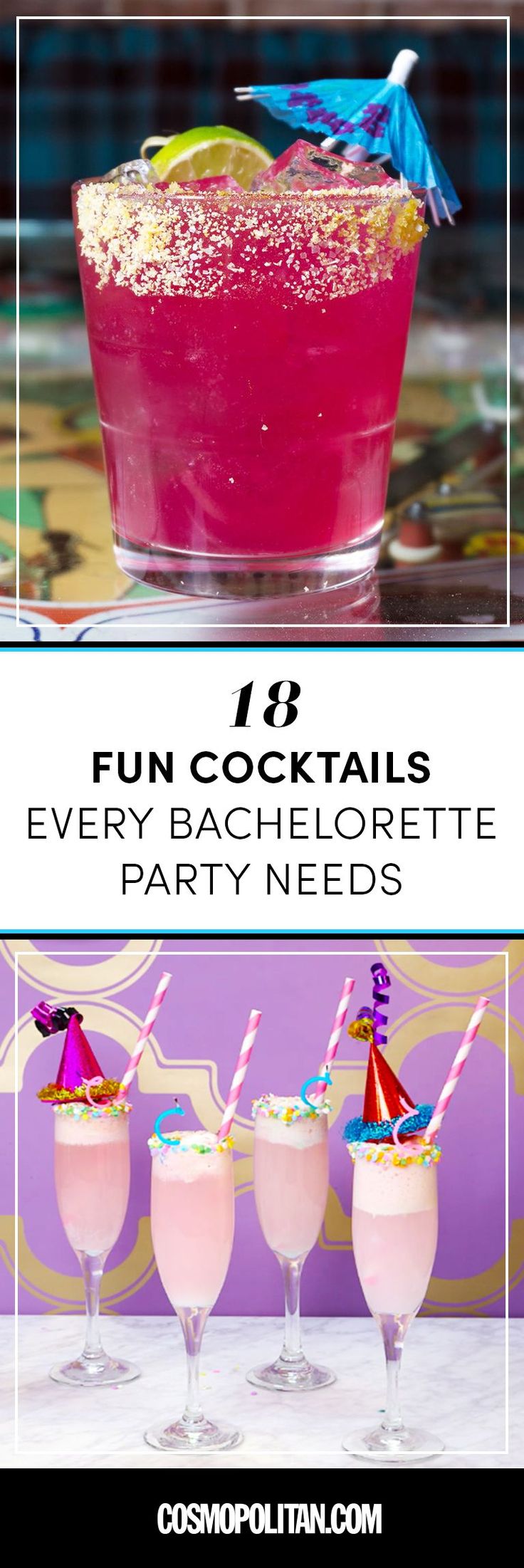 three cocktails with pink drinks in them and the words fun cocktails every bachelor needs