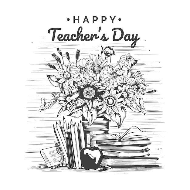 a bouquet of flowers in a vase with books on the table happy teacher's day