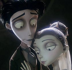 the corpse bride and groom are hugging each other