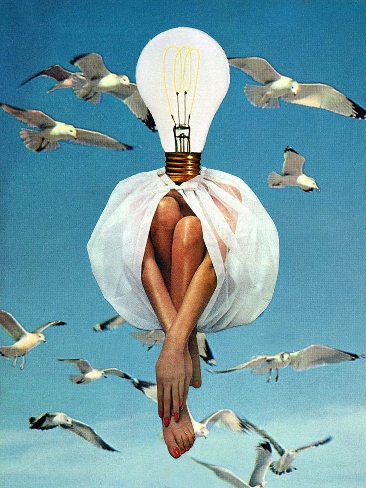 a woman sitting on the ground surrounded by seagulls and lightbulbs