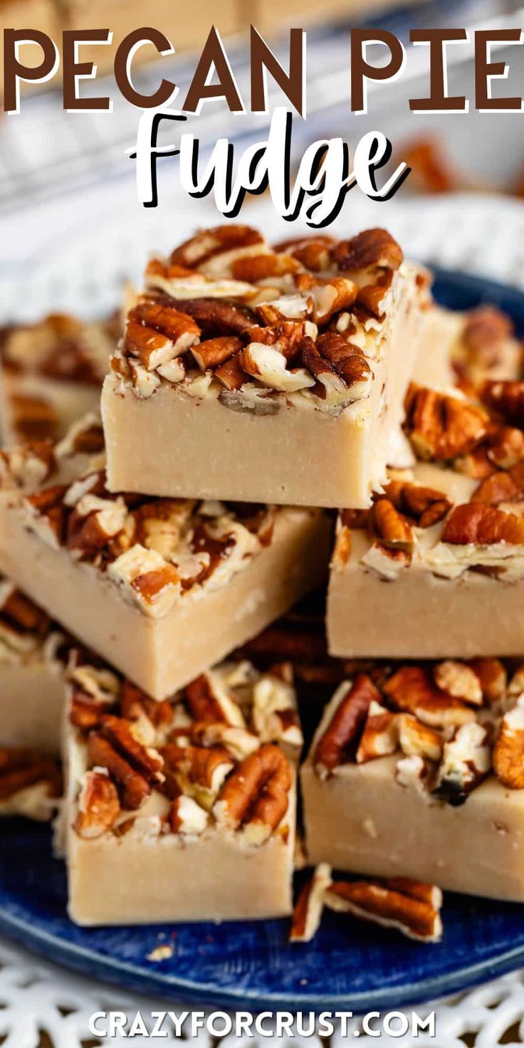 pecan pie fudge bars stacked on top of each other in a blue plate