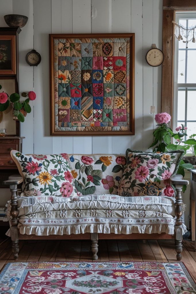 a living room filled with furniture and flowers on the wall next to a painting hanging above it