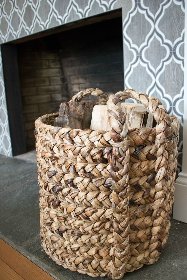 a basket sitting on top of a table next to a fireplace