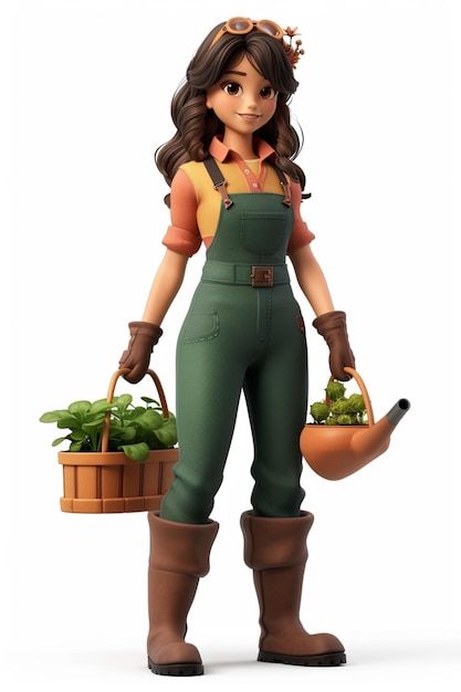 a woman in overalls holding a potted plant