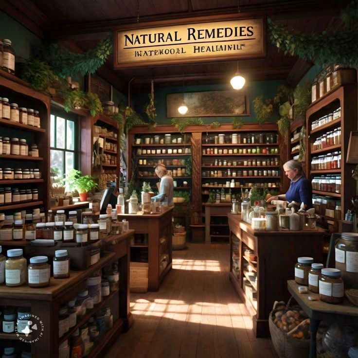 a store with shelves filled with lots of bottles and jars on the wall, two men working