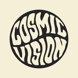 a black and white logo with the words cosmic vision in it's center circle