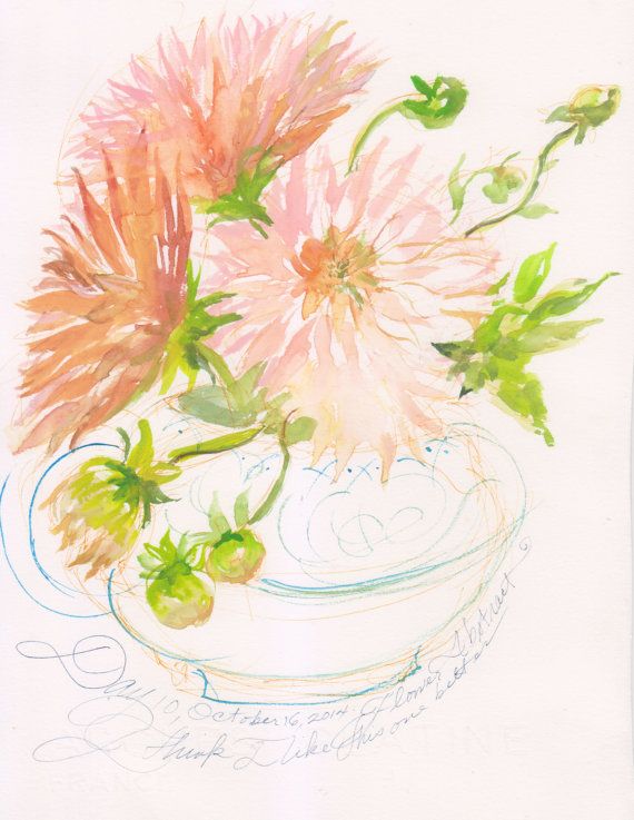 a drawing of pink flowers in a white bowl