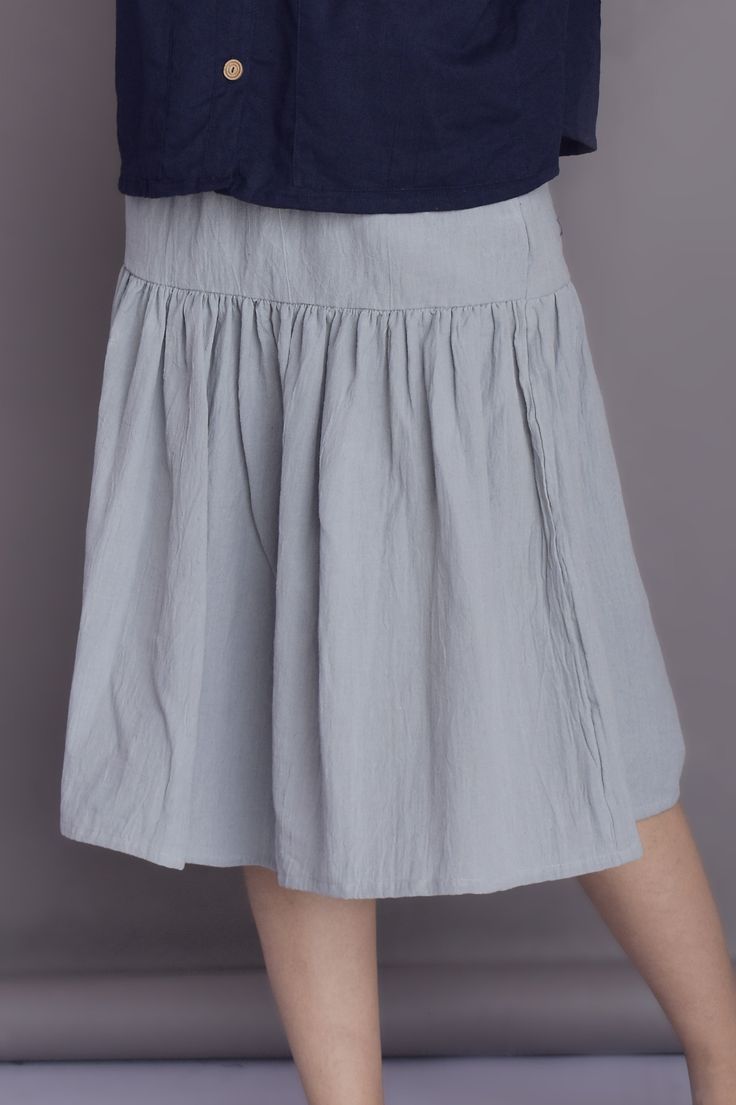 "Midi Ruffle Skirt, Skirt with Pockets, Frill Linen skirt for women, Linen Midi skirt, Gather skirt - Custom made by Modernmoveboutique >DESCRIPTION< - Length of the skirt - 28\" (71 cm) - If you want to customize the length, please mention in 'Note to seller' section while ordering the skirt. - standard fit. - made from Linen blend. The fabric is of medium weight (185 g). - the model is 172 cm high (regular XS - S) and is wearing size S. - color in the picture - LIGHT GREY - (Please choos Non-stretch Solid Color Tiered Skirt, Knee-length Lined Skort, Solid Color Tiered Gathered Mini Skirt, Relaxed Ruffled Mini Skirt, Pleated Gray Skort For Summer, Summer Pleated Gray Skort, Gray Cotton Mini Skirt For Summer, Summer Gray Pleated Skort, Spring Knee-length Lined Skort