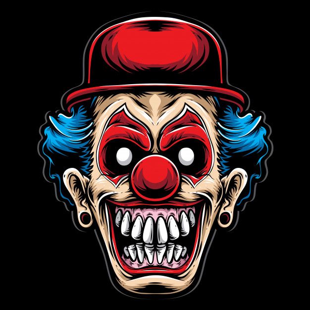 an evil clown face with blue hair and red hat