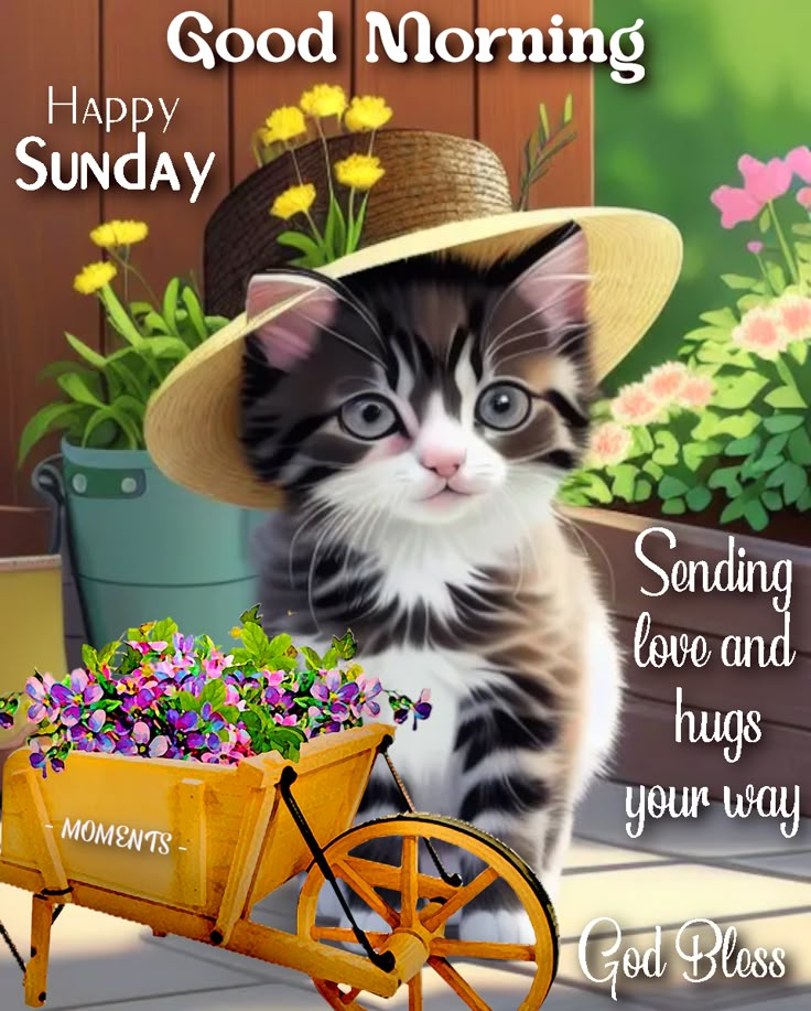 a kitten sitting on the ground next to a wheelbarrow with flowers in it