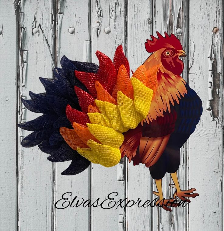 Rooster Wreath: This colorful wreath will be beautiful on your front door or hanging in your Kitchen. It is made on a wooden frame covered with a vinyl Rooster image. The tail feathers are made using a feather petal design made with mesh material. The size is approximately 20 x 18 x 2 inches. Rooster Wreath, Rooster Images, Colorful Wreath, Wreath Farmhouse, Wreath Fall, Tail Feathers, Farmhouse Wreath, Be Beautiful, Fall Wreaths