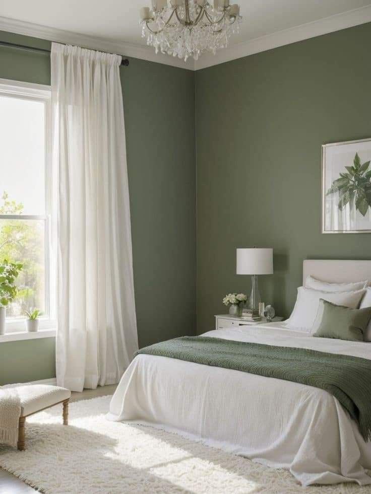 a white and green bedroom with a chandelier