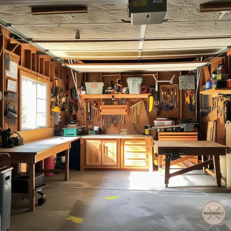 Garage turned into a woodworking space 3 Woodworking Space, Staging House, Small Sitting Area, Dust Collection System, Woodworking Shop Layout, Bike Shed, Anti Fatigue Mat, Shop Vac, Shop Layout