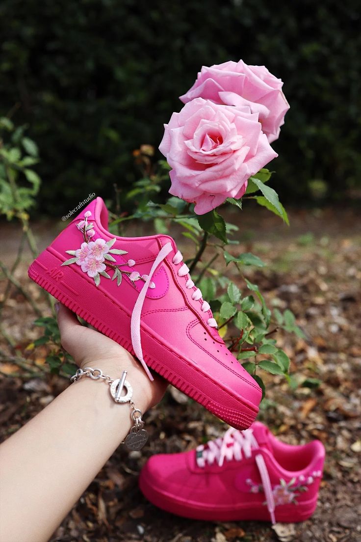 Embroidered Blossom Flower Patch Custom Hot Pink Air Force 1 – solecraftstudio Pink Sneakers With Embroidered Logo And Round Toe, High-top Sneakers With Embroidered Logo For Spring, Custom High-top Sneakers With Laces For Spring, Spring Low-top Custom Sneakers With Laces, Custom High-top Sneakers For Spring, Casual Sneakers With Floral Applique For Spring, Sporty Custom Pink Sneakers For Spring, Pink Sneakers With Embroidered Logo For Spring, Spring Casual Sneakers With Floral Applique