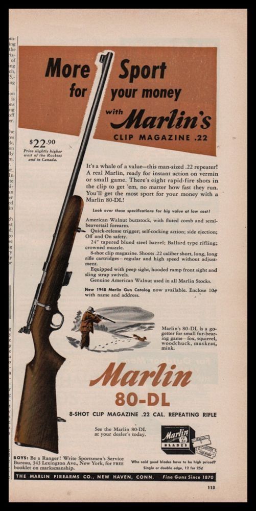 Vintage Marlin Firearms Gun Advert | 1948 80-DL Clip Magazine .22 Rifle | Raytrade UK Survival Equipment, Old Ads, Magazine Ads, Vintage Advertising, Vintage Ads, Vintage Advertisements, Typography, Camping, Graphic Design