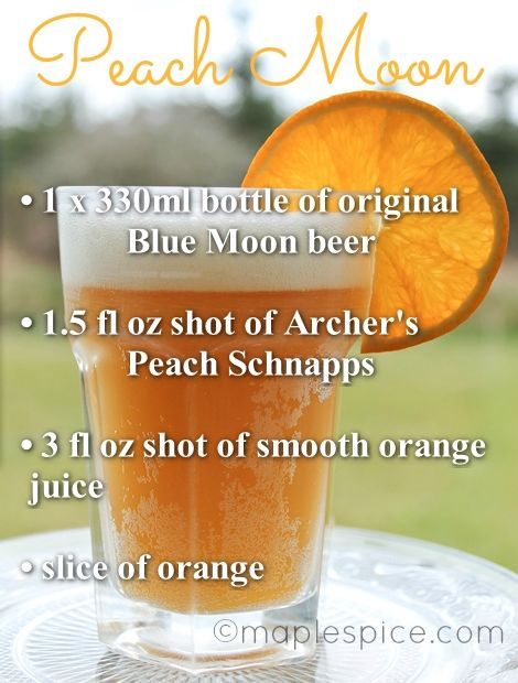 an orange slice is sitting on top of a glass filled with beer and information about how to drink peach moon